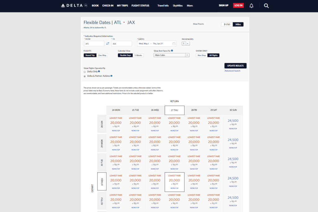 Delta Flight Rewards Chart