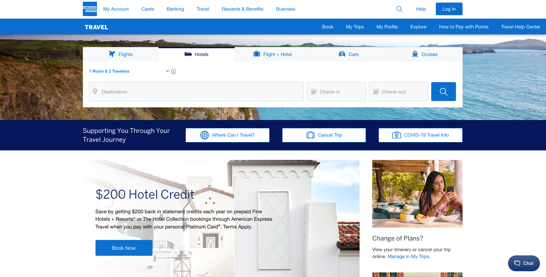 amex travel portal landing page