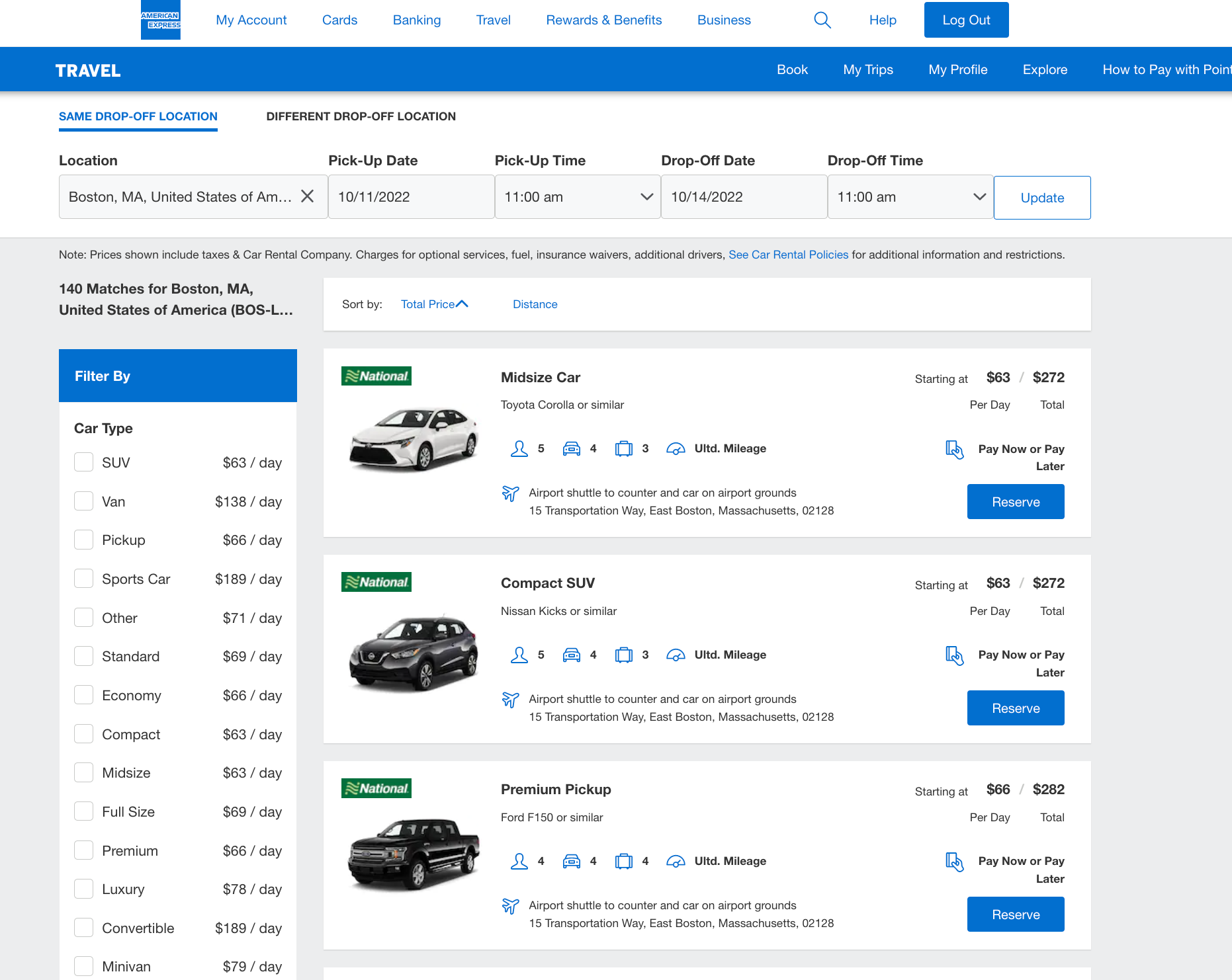 booking rental cars amex portal 